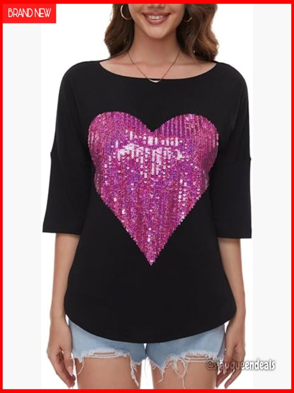 Womens Sparkly Sequin Heart Love 3/4 Sleeve Loose Tunic Tops Boat Neck Tee
